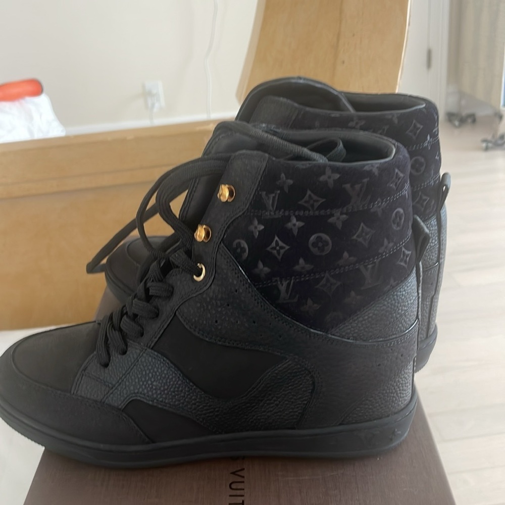 Louis vuitton authentic black suede wedge sneaker 37 approx.  21/2 lift wedge